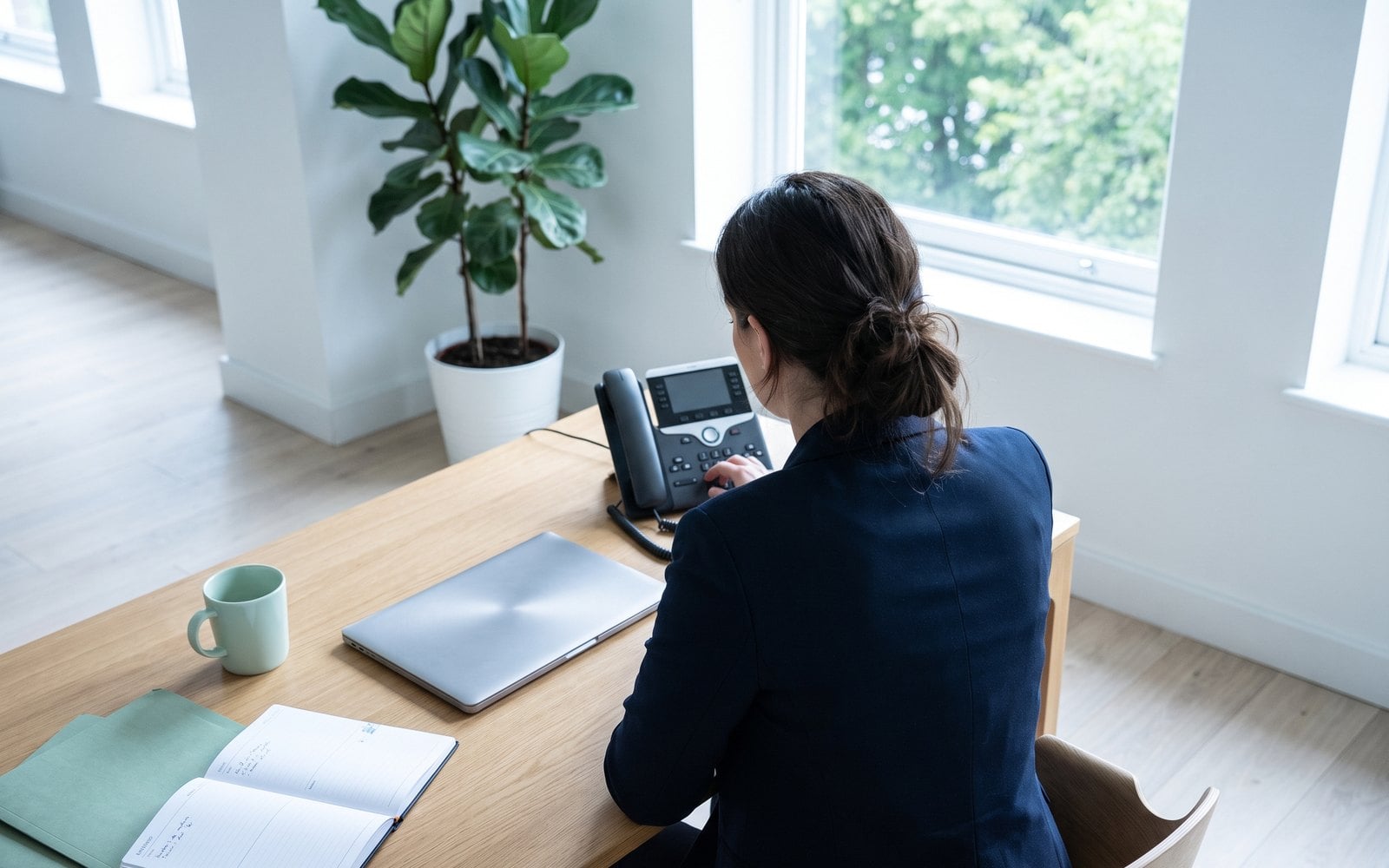 A firm owner at her desk, one hand resting on a phone that only rings when someone mentions her.